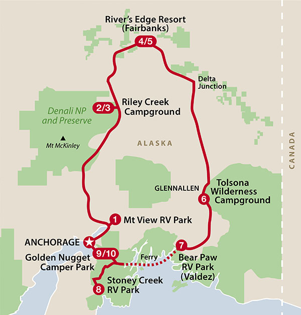 Mapa del recorrido Lo esencial de Alaska
