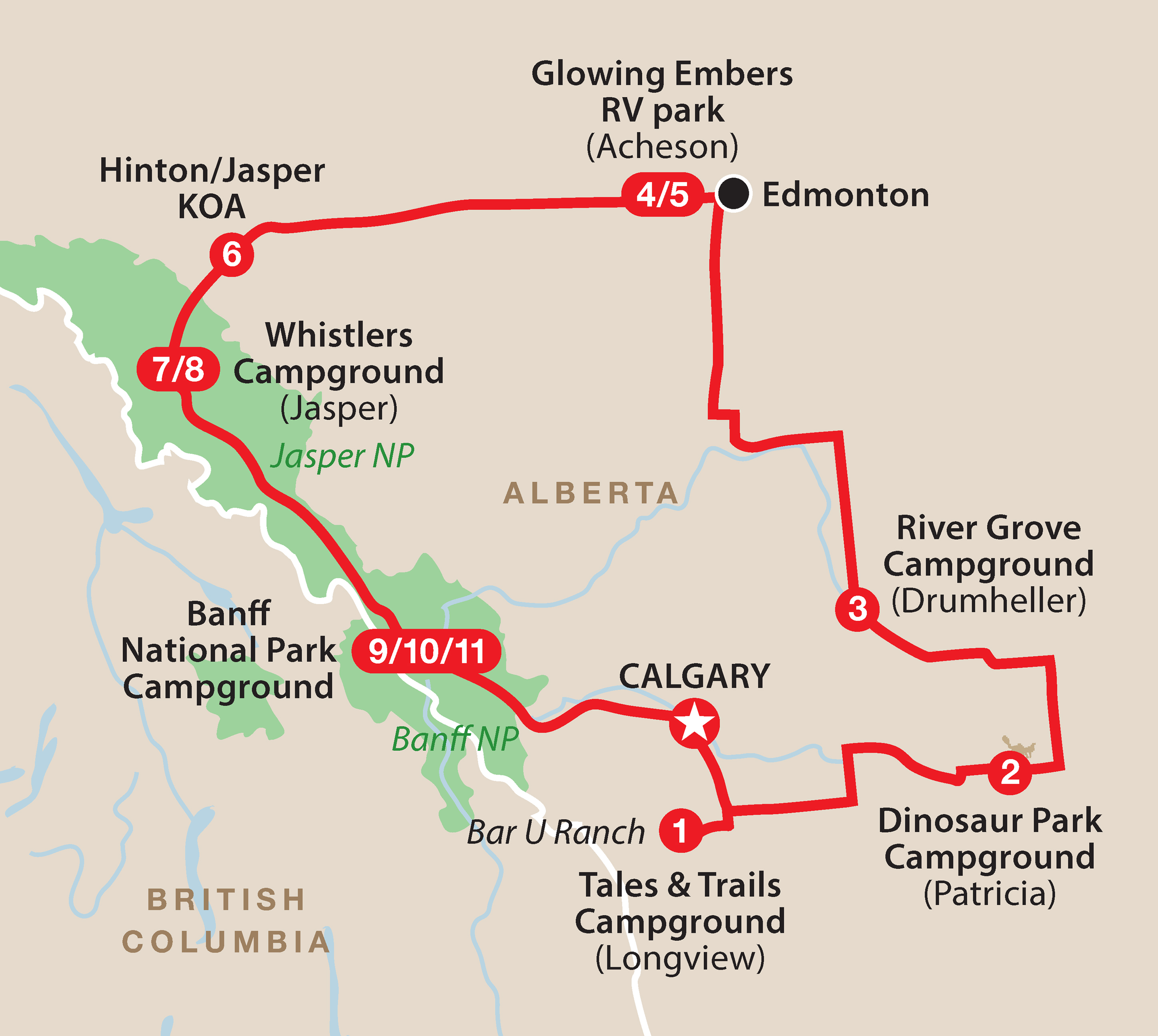 Mapa del recorrido Rocosas de Alberta y rodeo