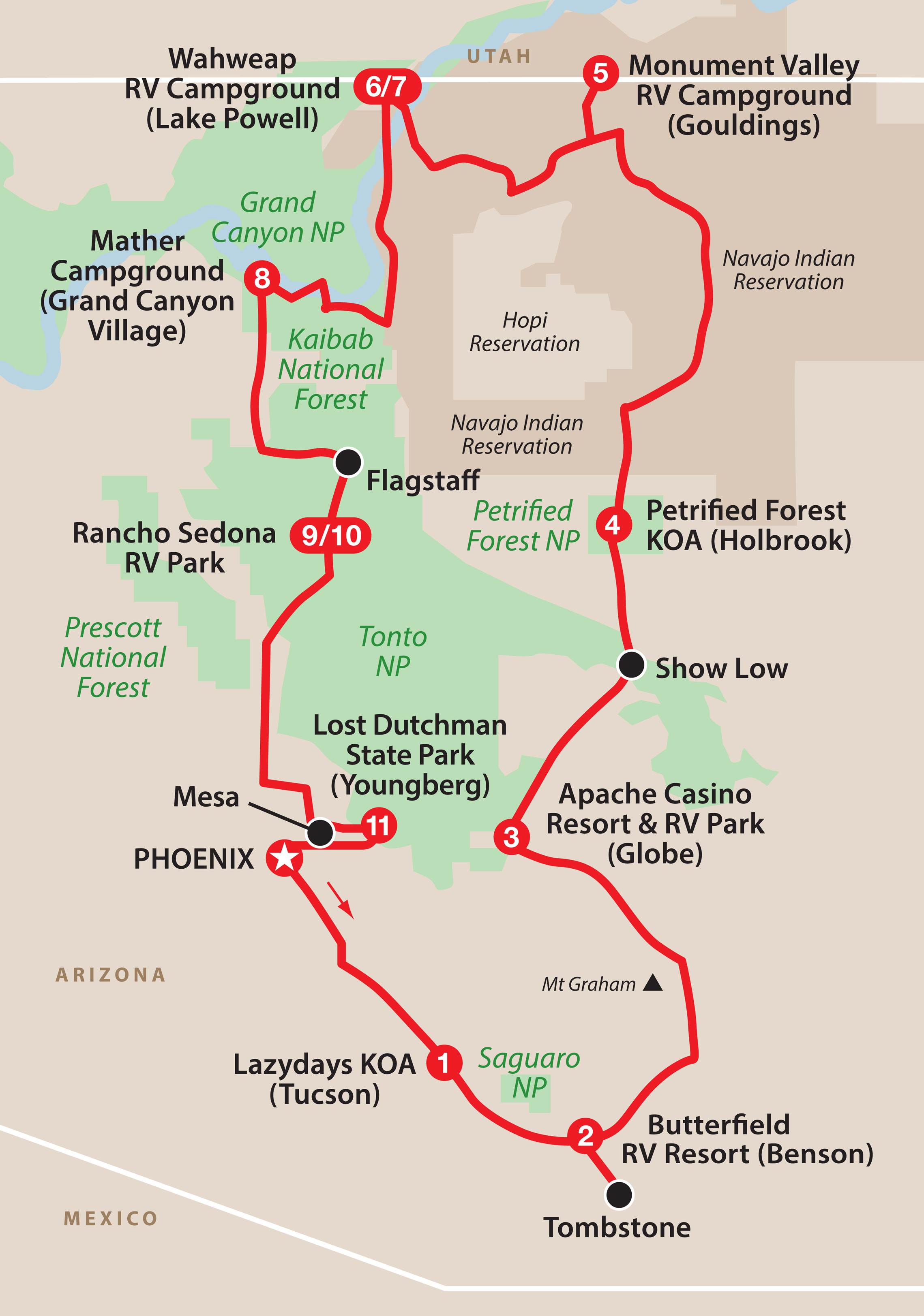 Mapa del recorrido Arizona: Red Rocks y cañones