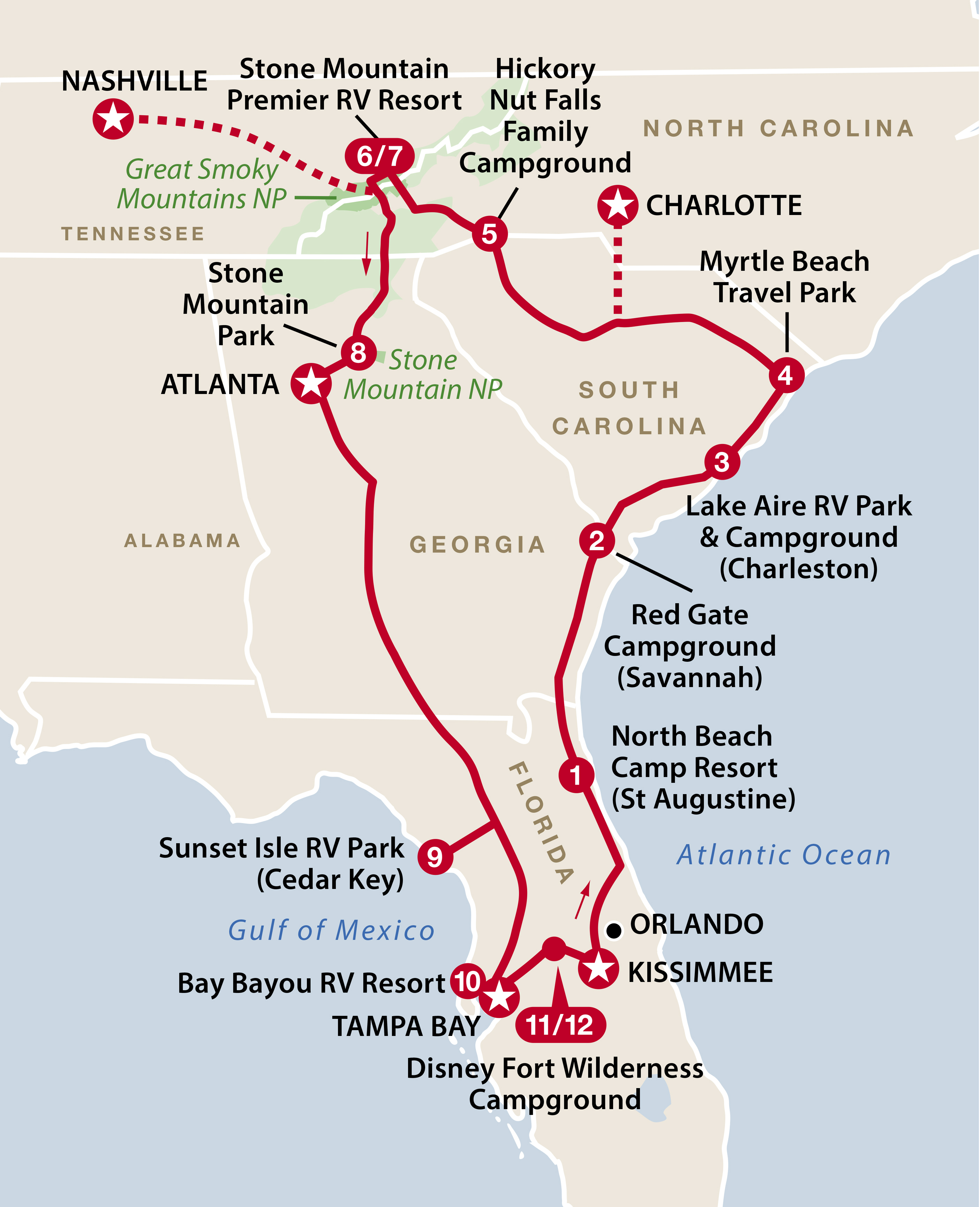 Mapa del recorrido Florida y Great Smokies