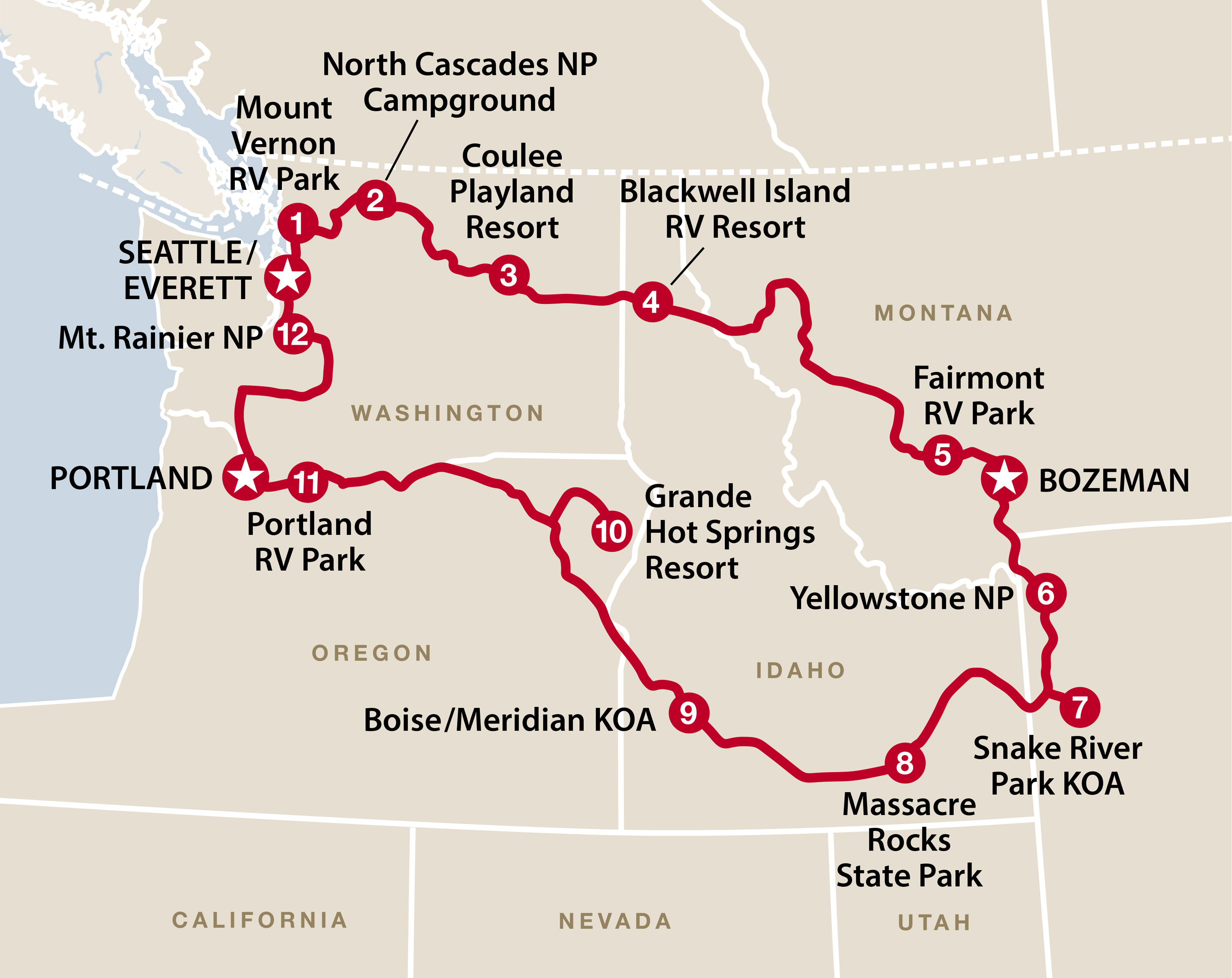 Mapa del recorrido Northwest USA