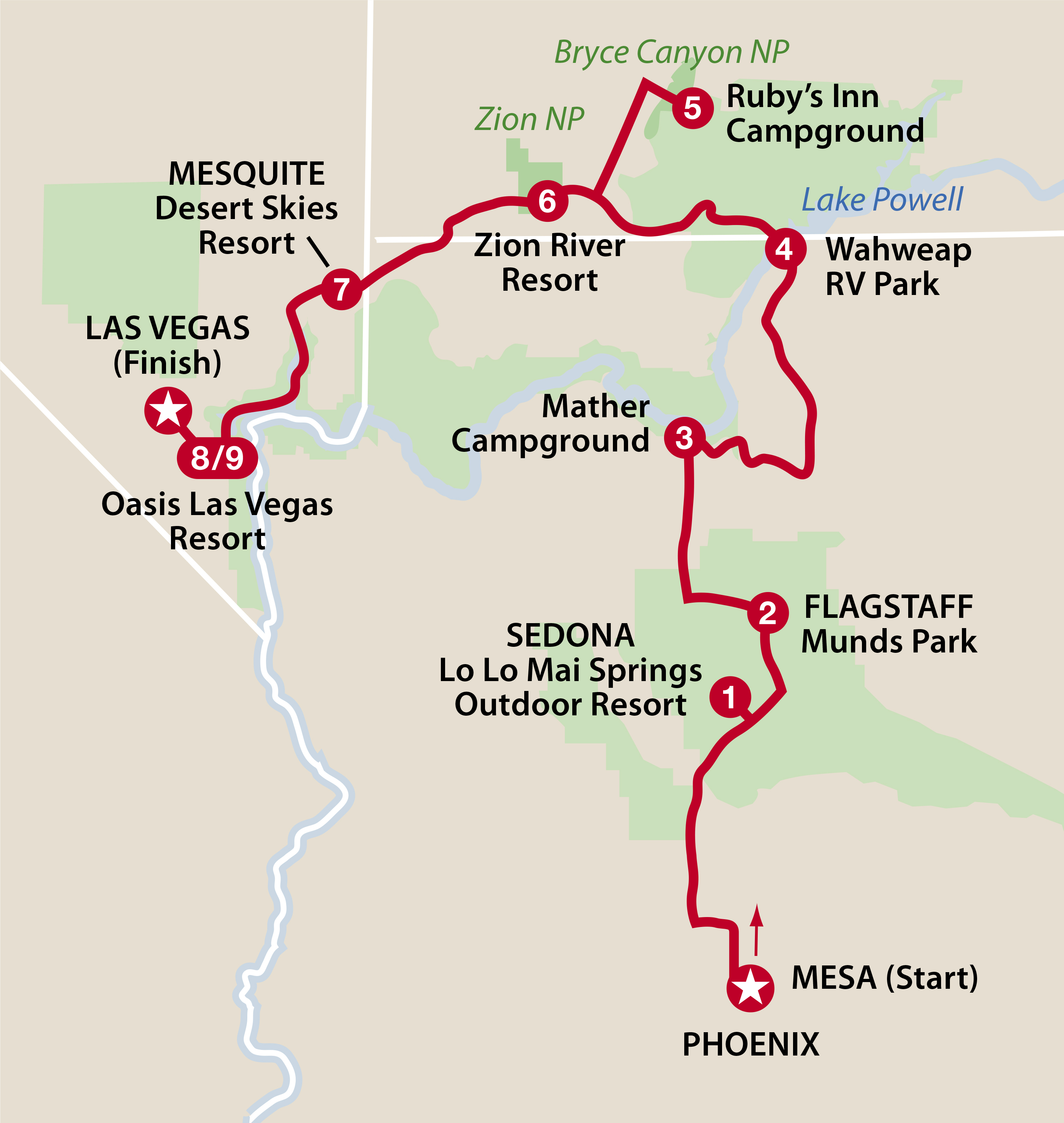 Mapa del recorrido Phoenix a Las Vegas