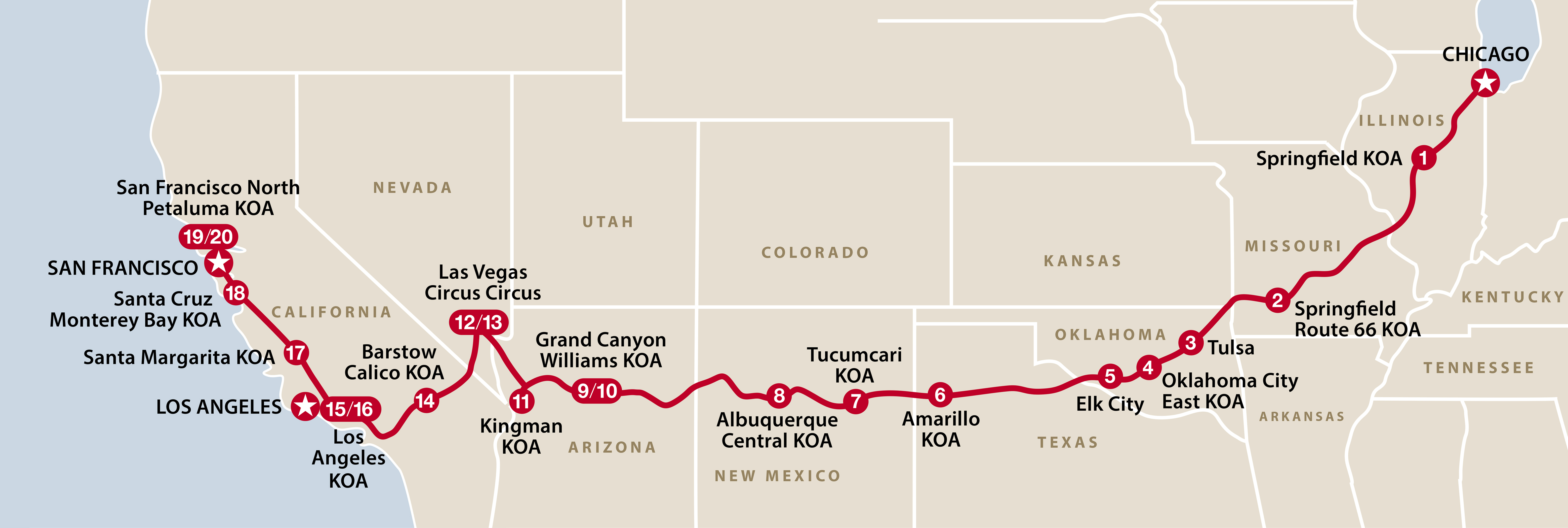 Mapa del recorrido Ruta 66 y Highway 1