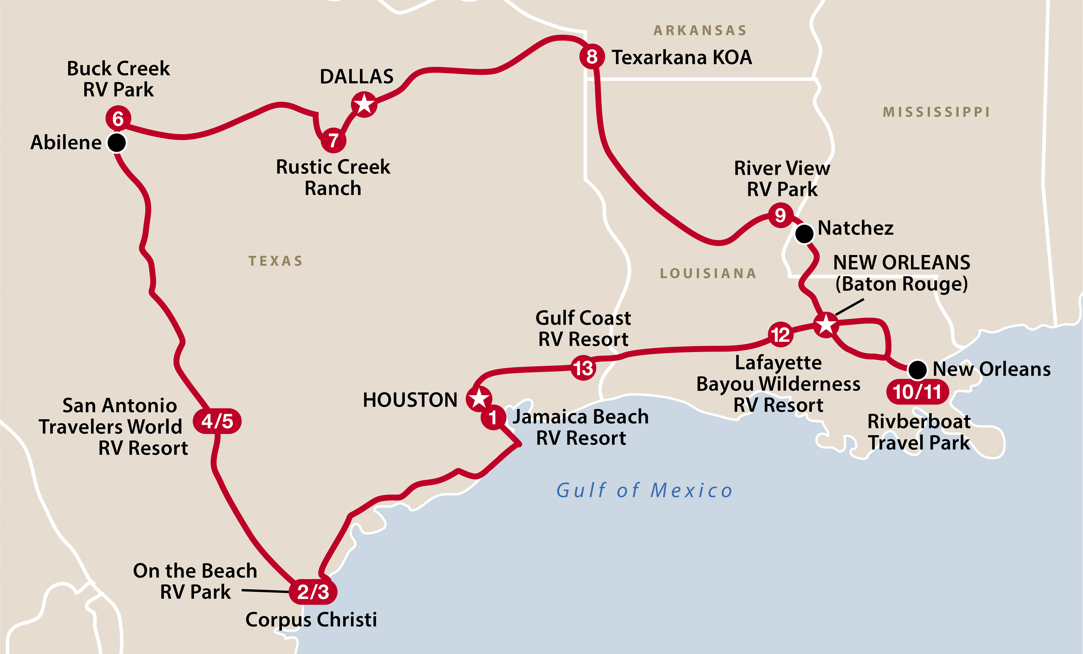 Mapa del recorrido Texas y Luisiana