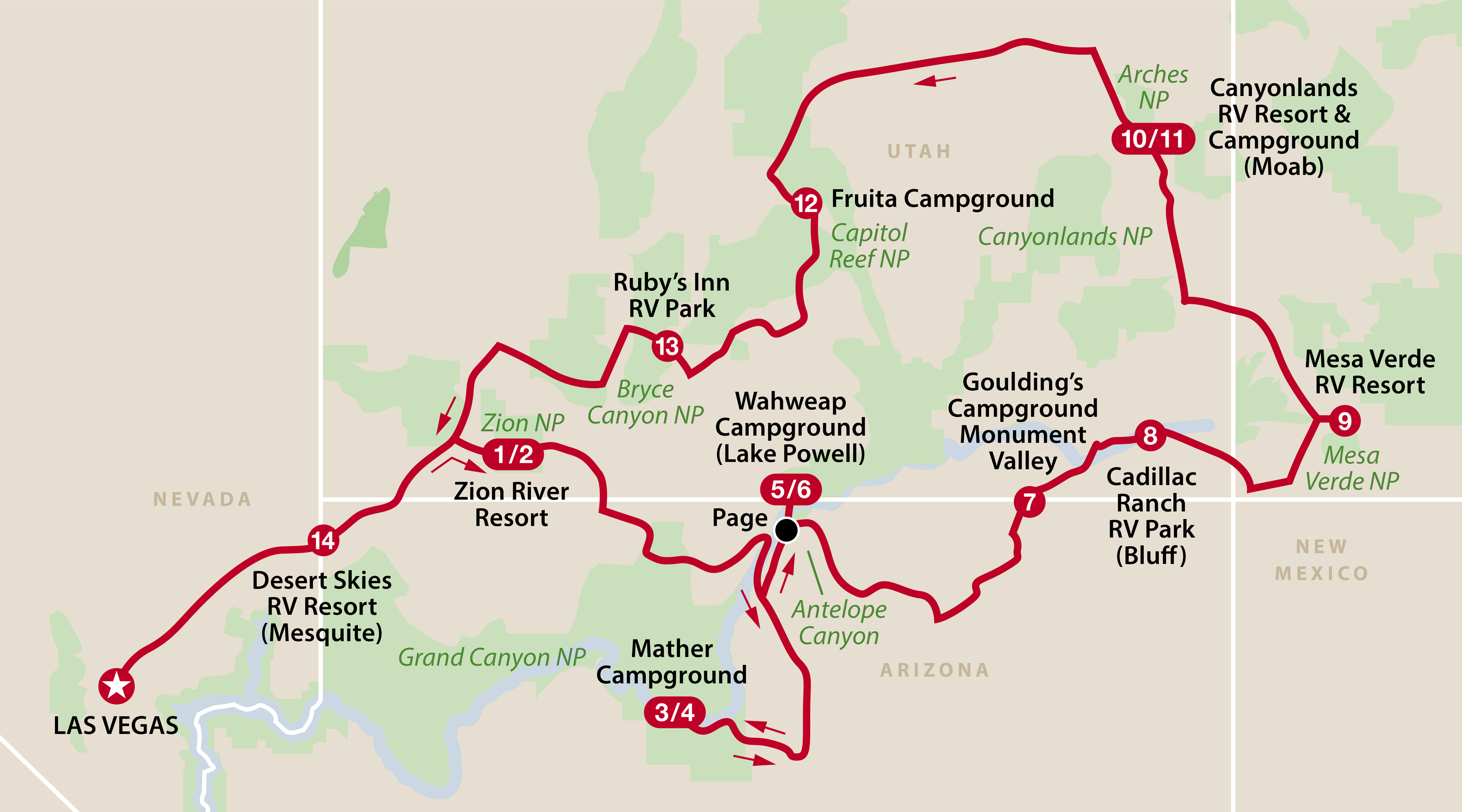 Mapa del recorrido Los Cinco Parques de Utah